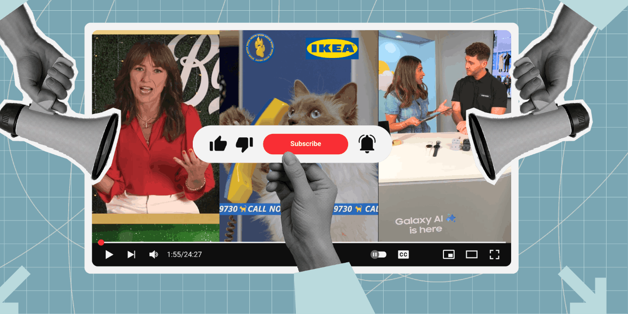 A colleague made up of two hands on the left and right corners holding megaphones over a YouTube screening showing three images od Dvaina McCall, Ikea and a Galaxy Ai ad